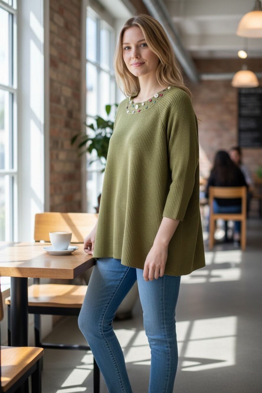 White Stag Women’s Large Green Embellished Sweater 3/4 Sleeve Beaded Neckline